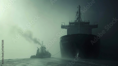 A tugboat struggles to tow a mive grain carrier through a thick fog underscoring the impact of reduced visibility on maritime transportation.