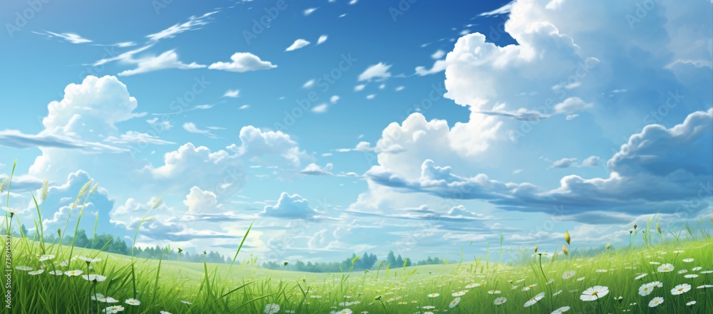 a field of grass and blue sky with clouds - obrazy, fototapety, plakaty 