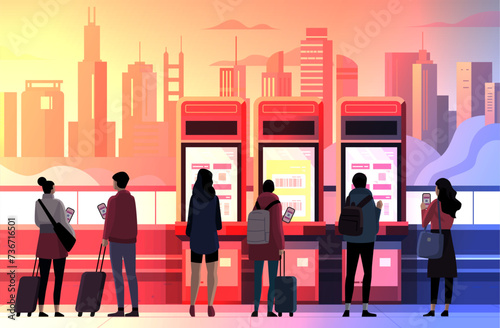 People in arrival waiting room self check in at automatic machine or buying tickets in interactive terminal modern airport interior