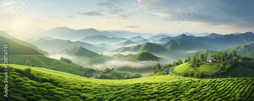 a green hills with fog