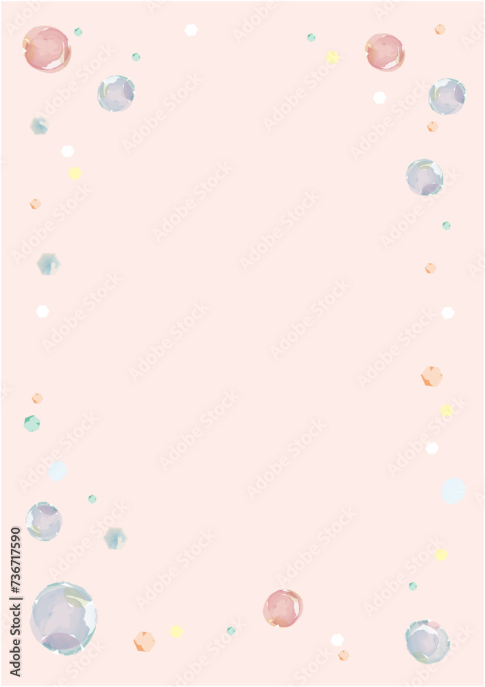かわいいシャボン玉のピンク背景フレームイラスト（タテ）
