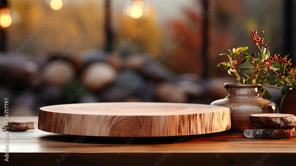 Wood podium product stand or display with cinematic light and blur background