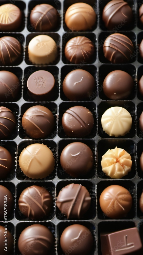 Photo Of Top View Of Variety Chocolate Pralines Full Many Different Delicious Chocolate Background. Photo Of Top View Of Variety Chocolate Pralines Full Many Different Delicious Chocolate Background.