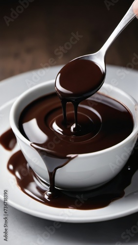 Photo Of Velvety Chocolate Sauce Flows Gracefully Into A Pristine White Bowl, Perfect, Dessert Or Baking, Culinary Topics, Or, Dessert And Chocolate Recipe Books.