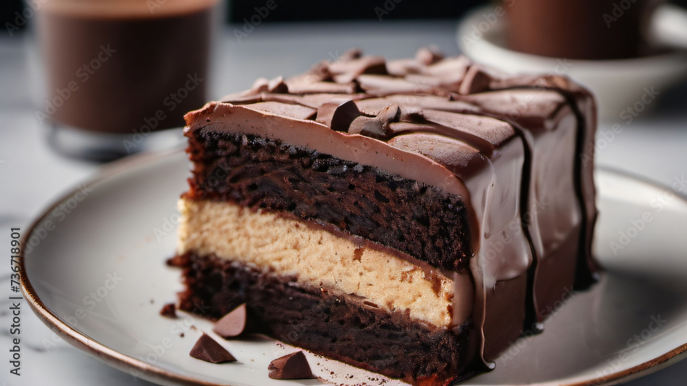 Photo Of Homemade And Delicious Sliced Cake With Cocoa And Chocolate On White Marble In A Plate. Photo Of Homemade And Delicious Sliced Cake With Cocoa And Chocolate On White Marble In A Plate.
