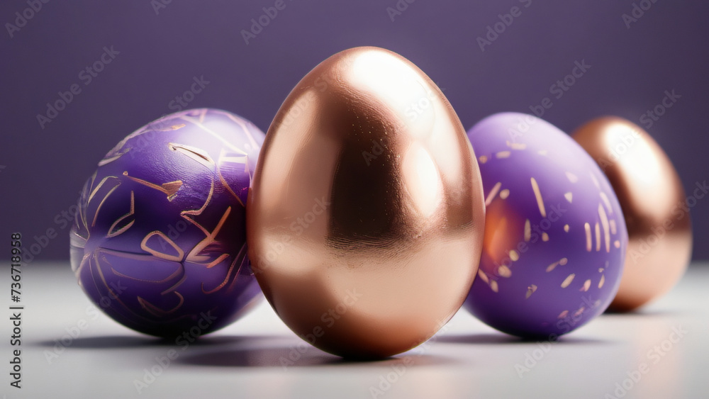 Photo Of Easter Eggs Isolated Against A White Background, Partially Unwrapped Chocolate Eggs With Patterned Purple And Rose Gold Foil, 3D Render. Photo Of Easter Eggs Isolated Against A White Background, Partially Unwrapped Chocolate Eggs With Patterned Purple And Rose Gold Foil, 3D Render.