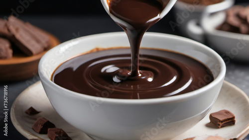 Photo Of Velvety Chocolate Sauce Flows Gracefully Into A Pristine White Bowl, Perfect, Dessert Or Baking, Culinary Topics, Or, Dessert And Chocolate Recipe Books.