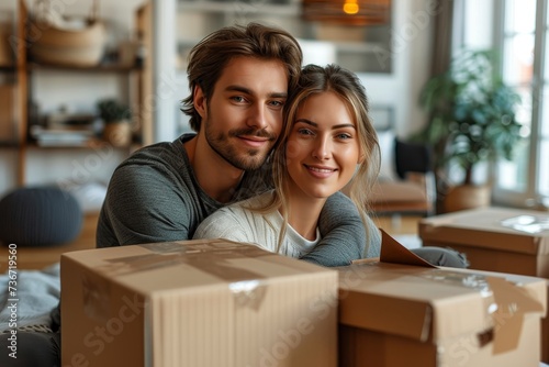 Portrait of a happy young couple with moving boxes in a contemporary living space