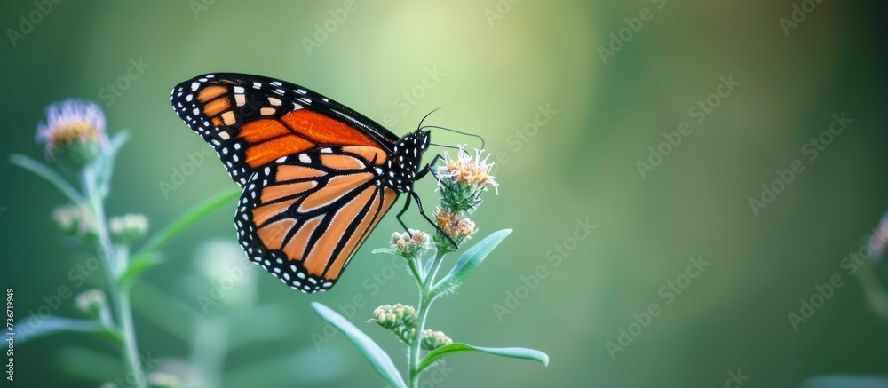 a butterfly is perched on a flower in the grass . High quality a butterfly is perched on a flower in the grass . High quality