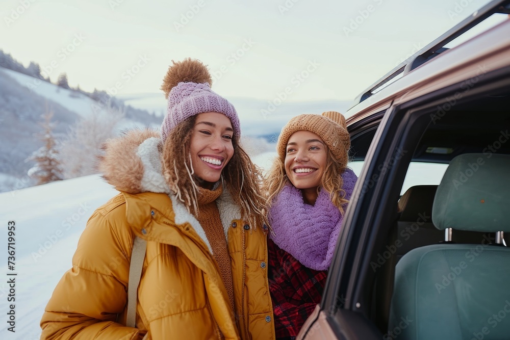 Two happy friends wearing winter clothes smile near a car surrounded by snow-covered scenery