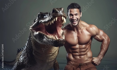 handsome muscular guy bring crocodile copy space photo