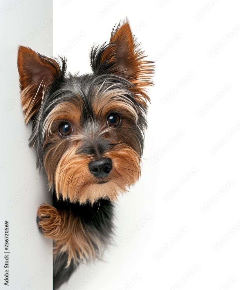 Yorkshire terrier peeking from behind the corner, curious