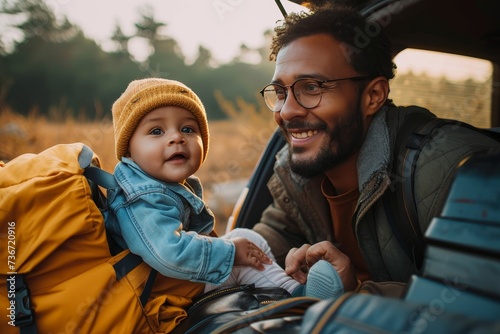 Father and infant son sharing a tender moment against a backdrop of golden twilight and outdoor scenery