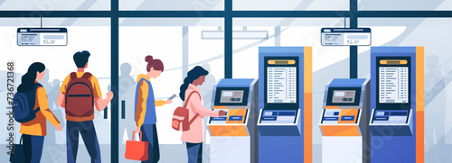 Passengers buying electronic train tickets at self service digital terminal railway railroad transport concept horizontal