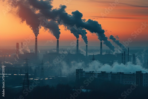 Air pollution in a factory setting impactful image conveying environmental concerns and the impact of industrial activities on air quality © AI Farm