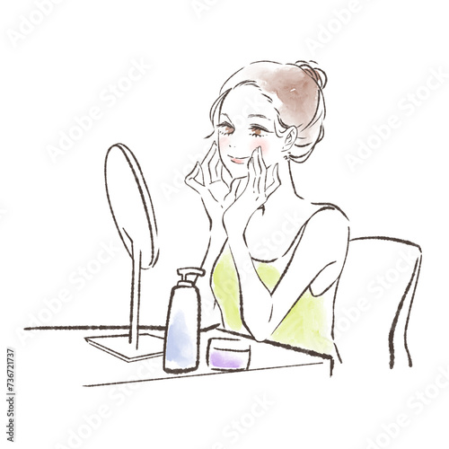 Photos 鏡台でスキンケアとお化粧をする女性のイラスト