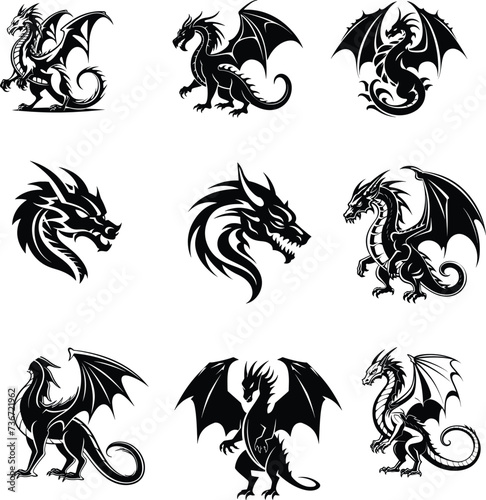 dragon silhouette, logo, set vector illustration