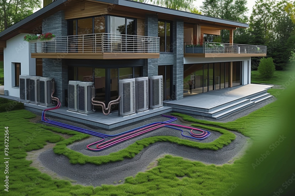 Modern stylish home with visible geothermal heating system pipes around ...