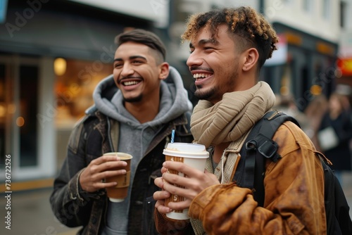 Cheerful male friends share a laugh with disposable coffee cups on a bustling city street