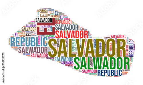 Republic of El Salvador country shape word cloud. Typography style country illustration. Republic of El Salvador image in text cloud style. Vector illustration.