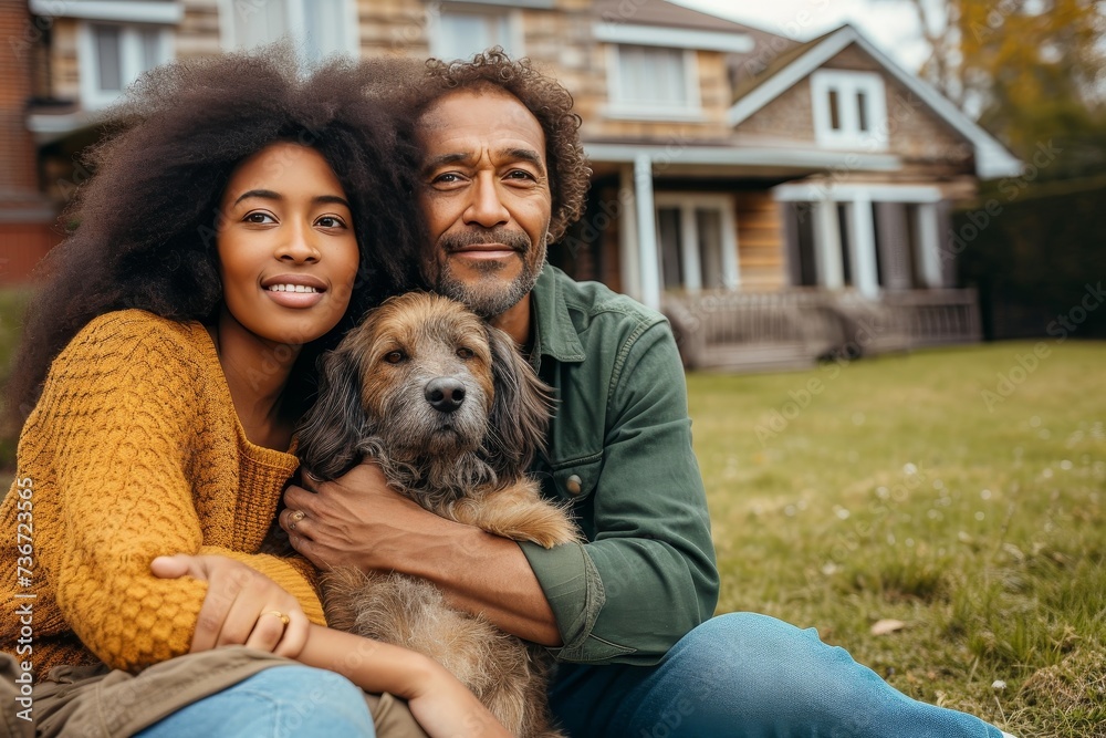 Content couple hugging their dog in their backyard, showcasing love and companionship Content couple hugging their dog in their backyard, showcasing love and companionship