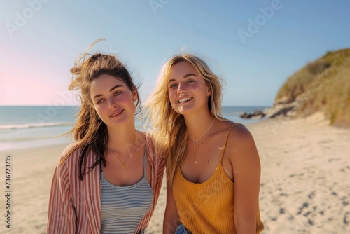 Two young female friends standing together on a beach during golden hour  sharing a happy moment