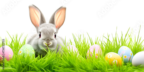 Easter bunny and easter eggs on green grass field, spring meadow. Isolated on white background grey rabbit for copy space text. Easter concept banner, illustration by Vita