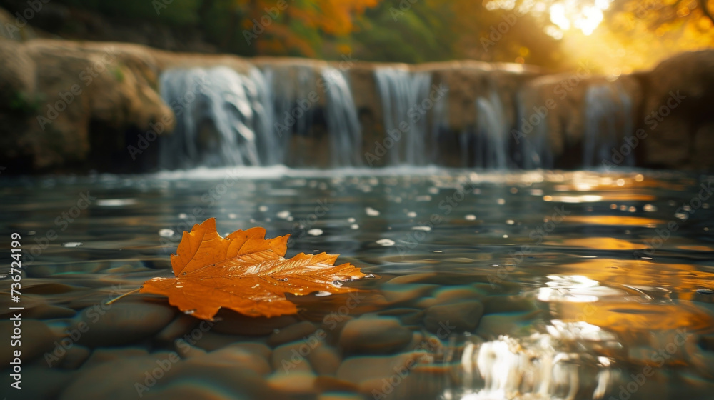 Closeup of a single leaf floating on the surface of a crystalclear pool at the base of a waterfall capturing the fleeting beauty of nature.