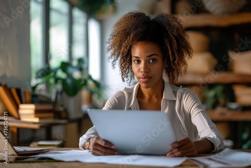 A young woman with an afro hairstyle carefully reviews papers, implying focus and professionalism in a cozy office setting