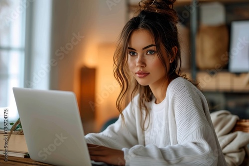 A young woman with long hair gazes thoughtfully while working on a laptop  giving a sense of serenity and focus in her home environment