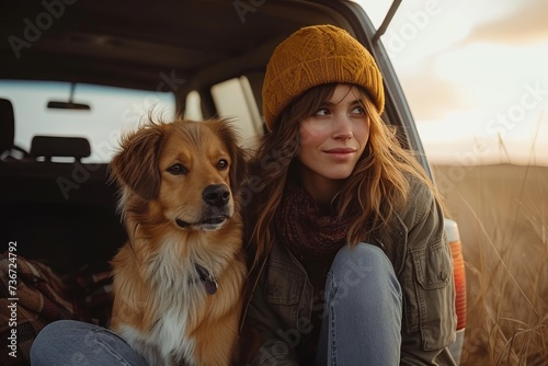 A relaxed woman and her loyal dog sit in a car trunk, sharing a moment during a beautiful sunset in the countryside © LifeMedia