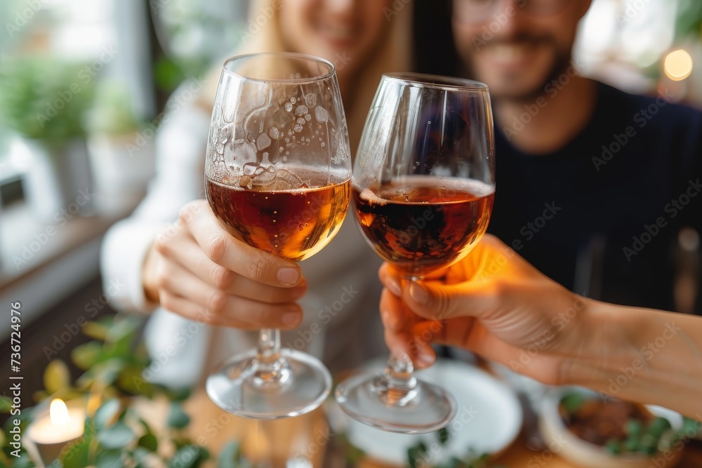 Two people in a casual setting are toasting with cognac glasses, symbolizing a friendly encounter