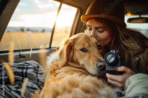 Affectionate moment as woman kisses a golden retriever inside vehicle enjoying the sunset landscape