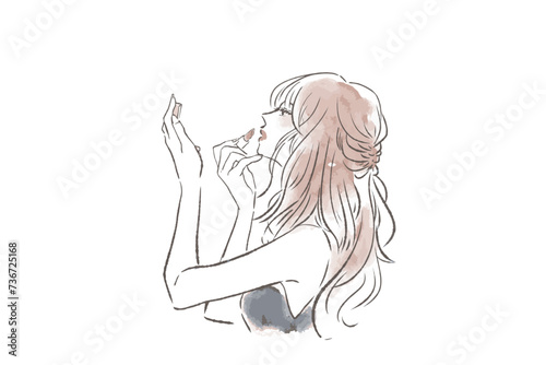 手鏡を持ってお化粧する女性のイラスト　メイクアップ