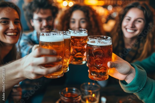 A vibrant group of friends celebrating and toasting with beer glasses, capturing a moment of camaraderie and enjoyment at a pub