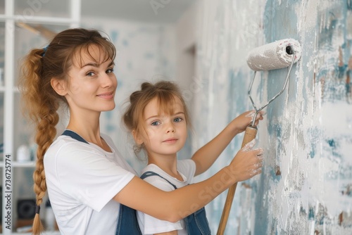 A woman and her child smiling as they revamp their wall with fresh paint, showing teamwork