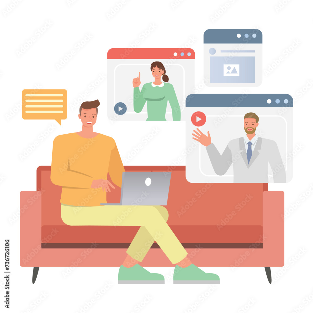 Business remote work illustration concept. Office man and woman character vector design. Business people working in home planning, thinking and economic analysis on isolated white background.
