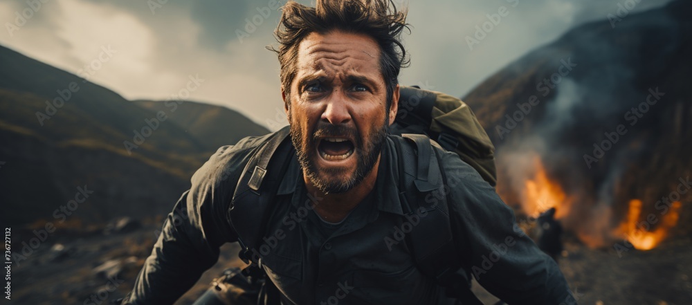 a man with a backpack screaming