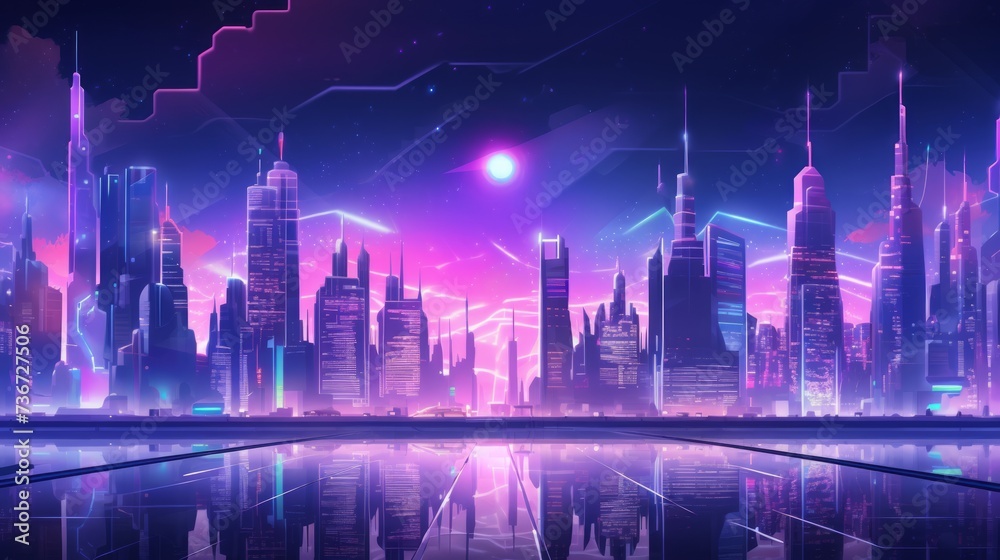 Futuristic night city. Cityscape on a colorful background with bright and glowing neon lights. Neural network AI generated art Neural network AI generated art