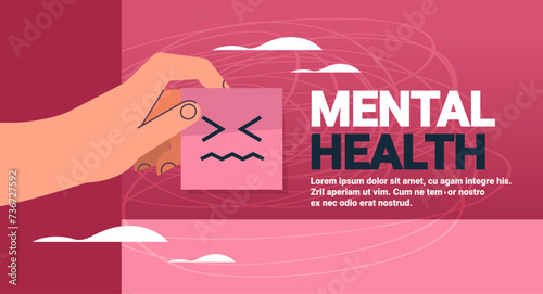 human hand holding sticker with sad emotions mental health awareness month banner copy space horizontal