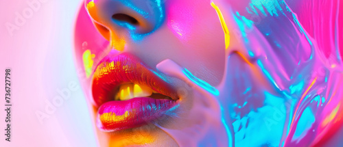 A vibrant and artistic portrait showcasing the intense hues of magenta, pink, and violet in a closeup of a woman's lips, evoking a sense of colorfulness and captivating beauty