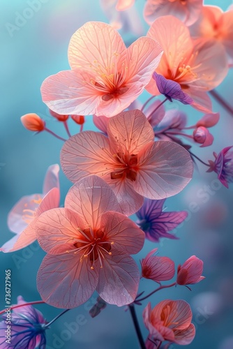 A collection of numerous pink flowers brightly displayed on a backdrop of striking blue.