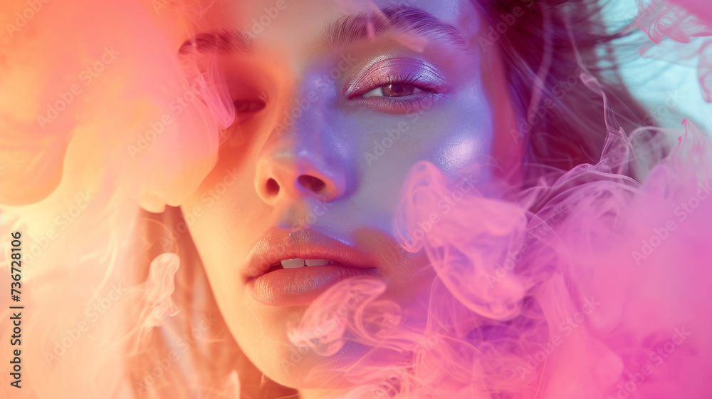 A girl with a pink and violet clothing and magenta eyelashes gazes intensely at the viewer, her face enveloped in swirling smoke, portraying a mysterious and alluring woman with a hint of danger