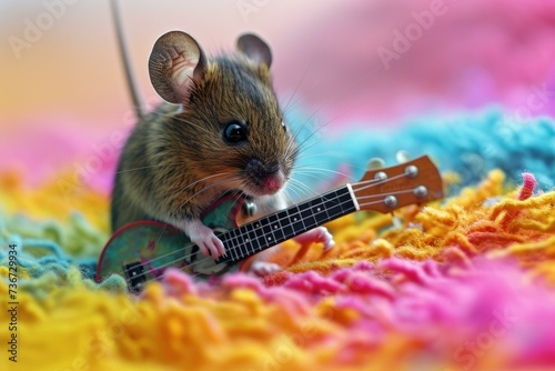 A mouse playing a guitar on a colorful rug. Generative AI.