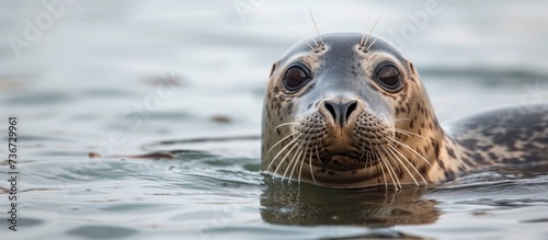 a seal is swimming in the water and looking at the camera . High quality