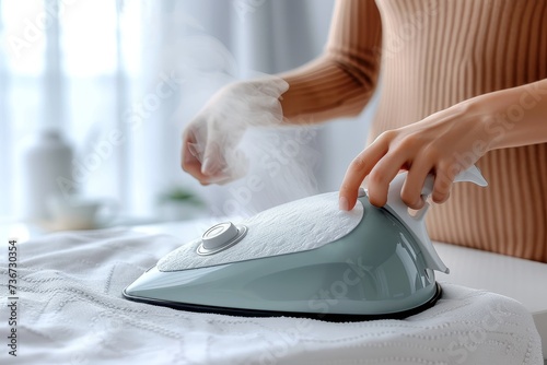 Close-up shot of hands holding an electric steam iron pressing on a white shirt, steam rising, household chore concept photo