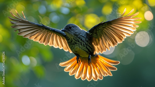 Closeup of a birds wings in midflight caught in a blur of feathers as it moves through the dense tree canopy.