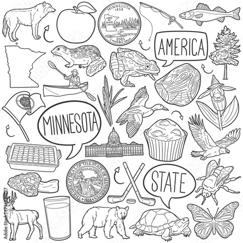 Minnesota Doodle Icons Black and White Line Art. USA State Clipart Hand Drawn Symbol Design.