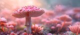 a pink mushroom is growing in a field of pink flowers . High quality