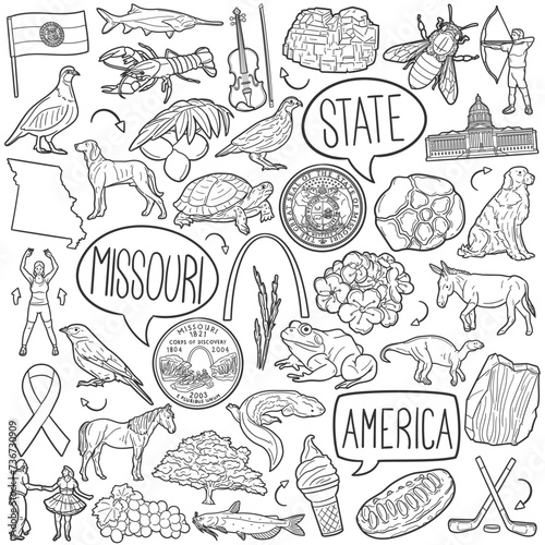 Missouri Doodle Icons Black and White Line Art. USA State Clipart Hand Drawn Symbol Design.